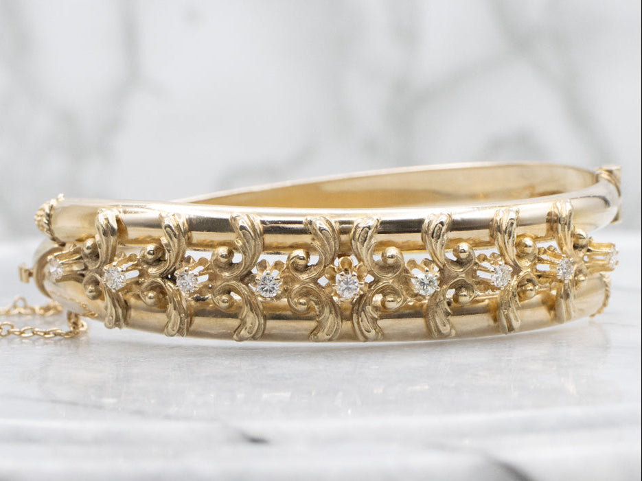 Ornate Buttercup-Set Diamond Bypass Bangle Bracelet