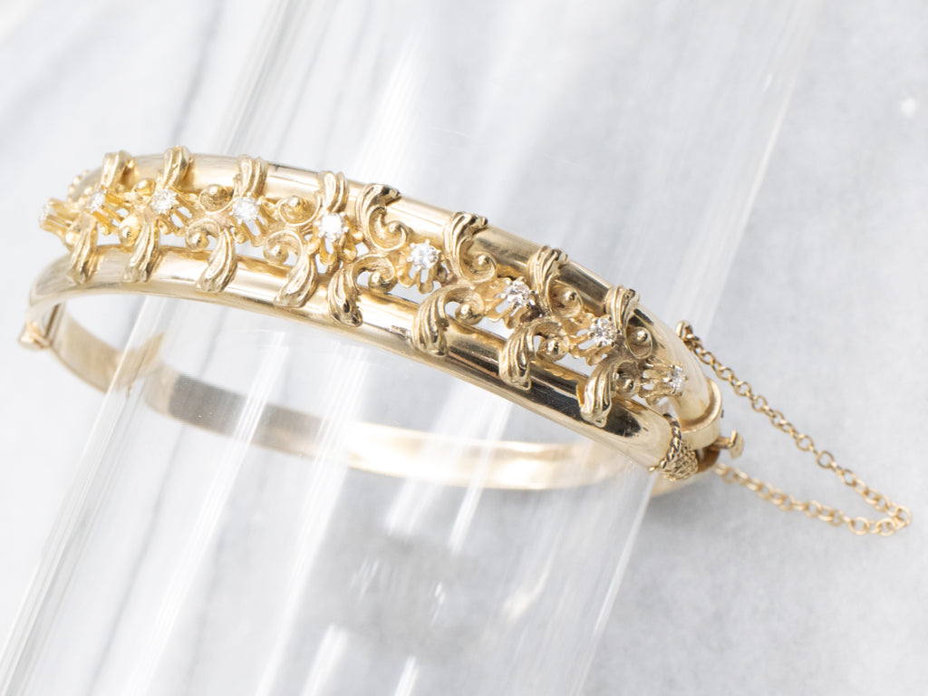 Ornate Buttercup-Set Diamond Bypass Bangle Bracelet