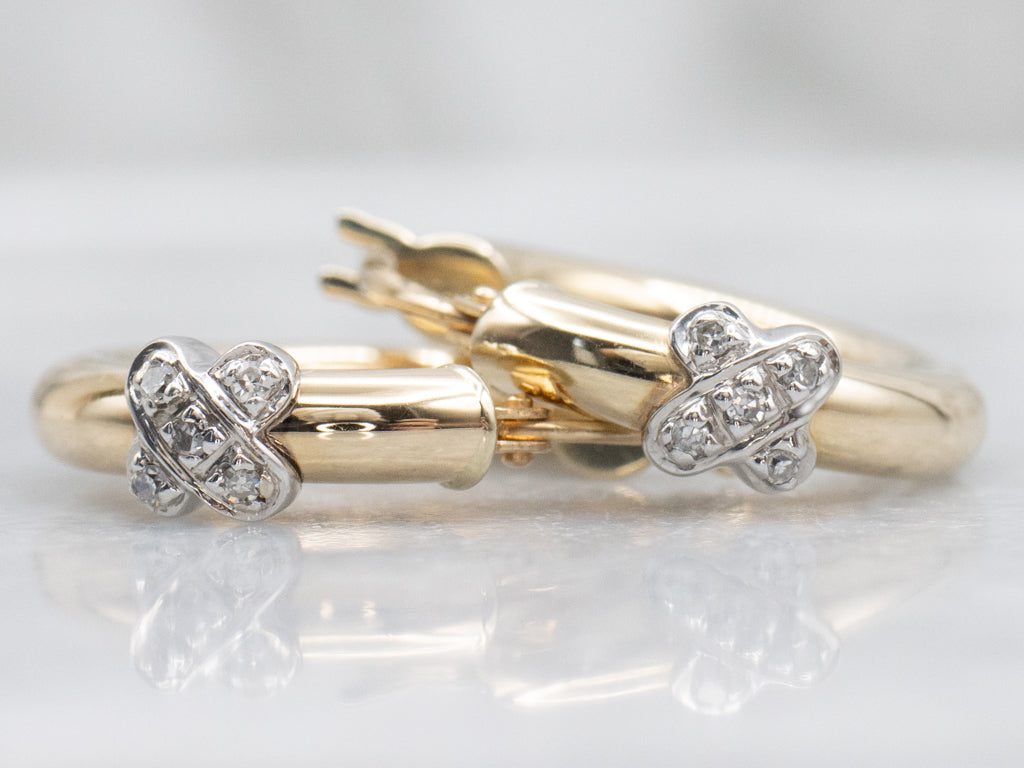 Criss-Cross Italian Gold Diamond Hoop Earrings