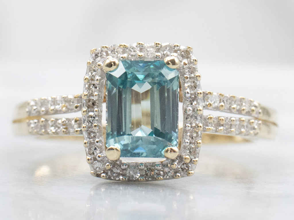 Modern Blue Zircon and Diamond Halo Ring