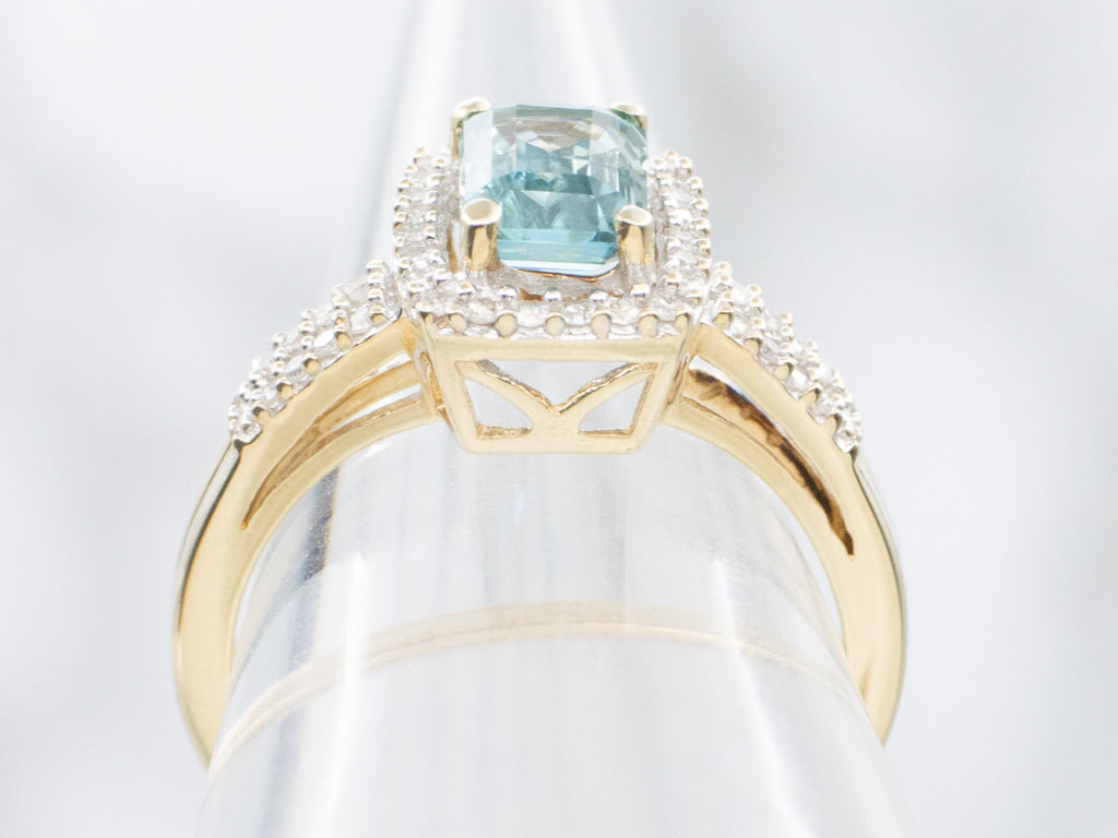 Modern Blue Zircon and Diamond Halo Ring