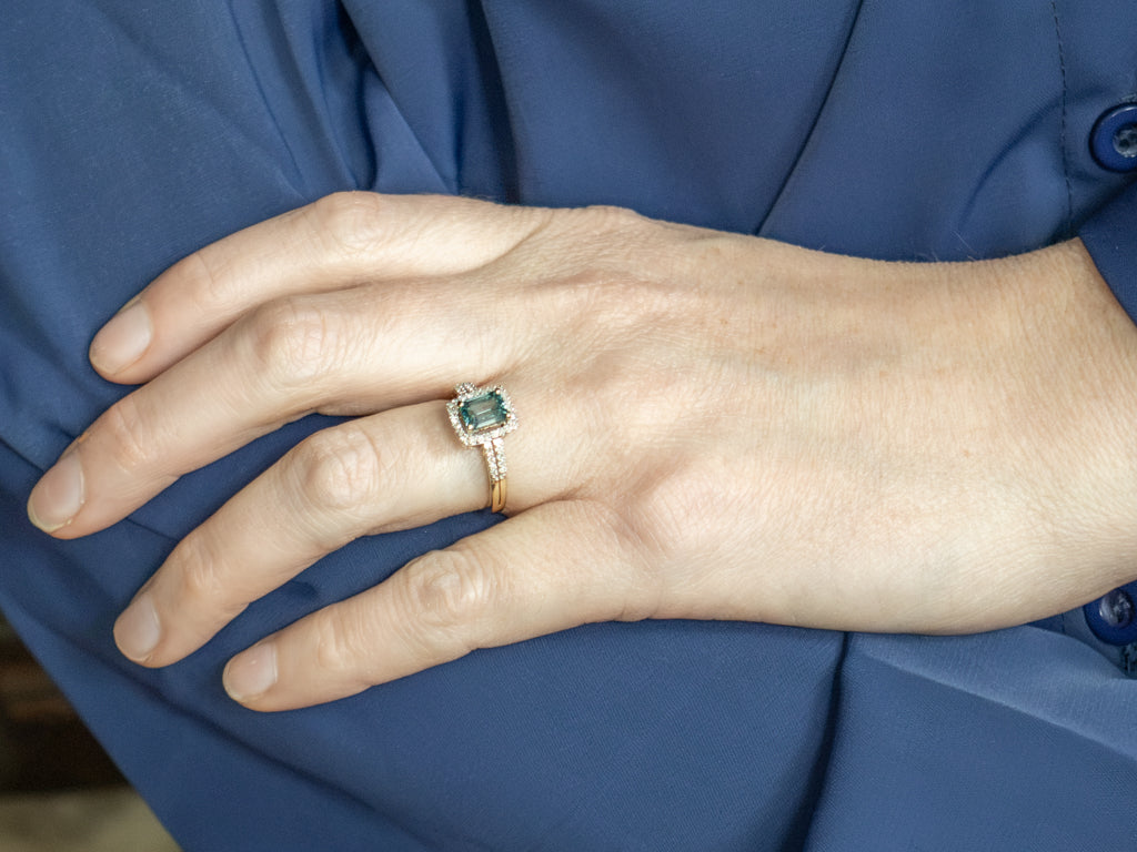 Modern Blue Zircon and Diamond Halo Ring