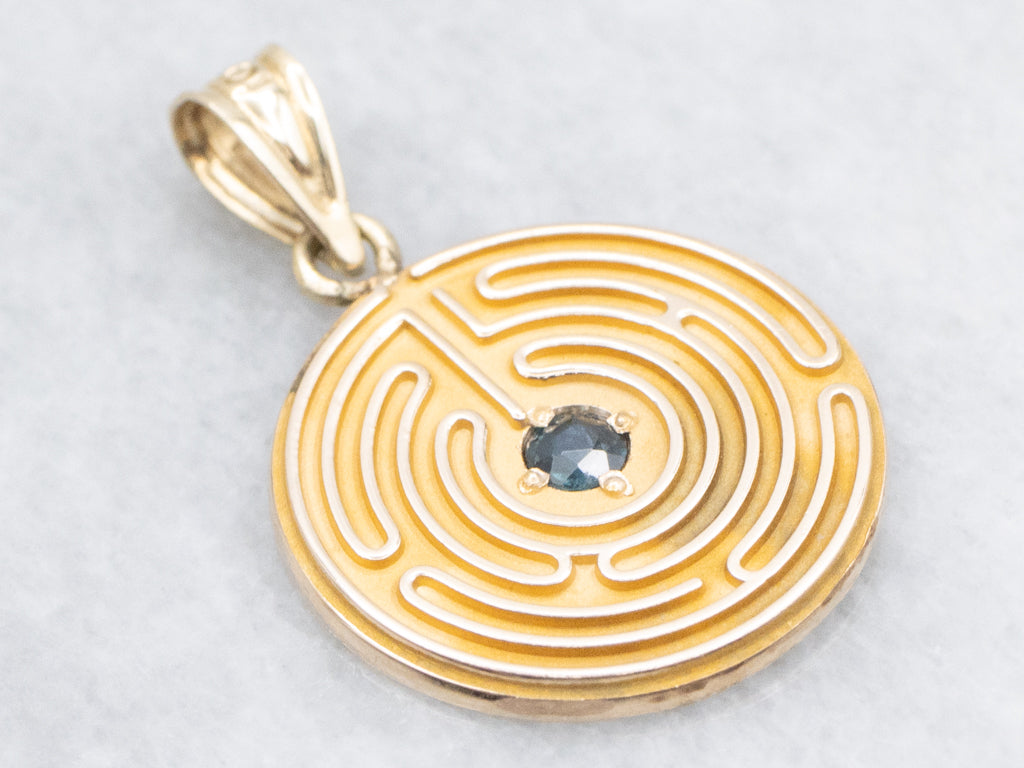 Yellow Gold Sapphire Labyrinth Disc Pendant