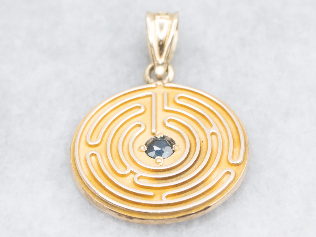 Yellow Gold Sapphire Labyrinth Disc Pendant