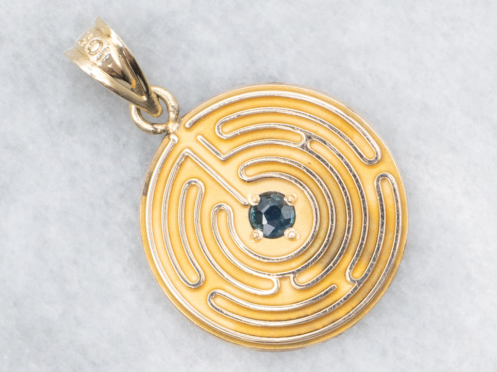 Yellow Gold Sapphire Labyrinth Disc Pendant