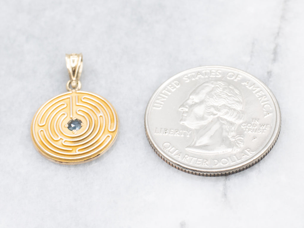 Yellow Gold Sapphire Labyrinth Disc Pendant