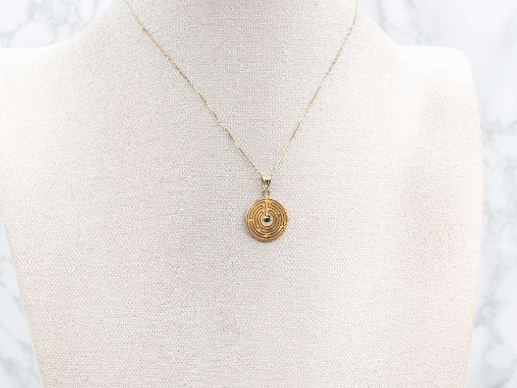 Yellow Gold Sapphire Labyrinth Disc Pendant