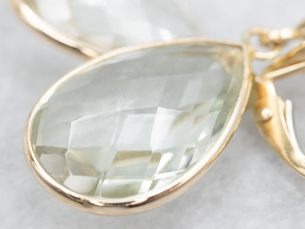 Faceted Prasiolite Quartz Gold Teardrop Earrings