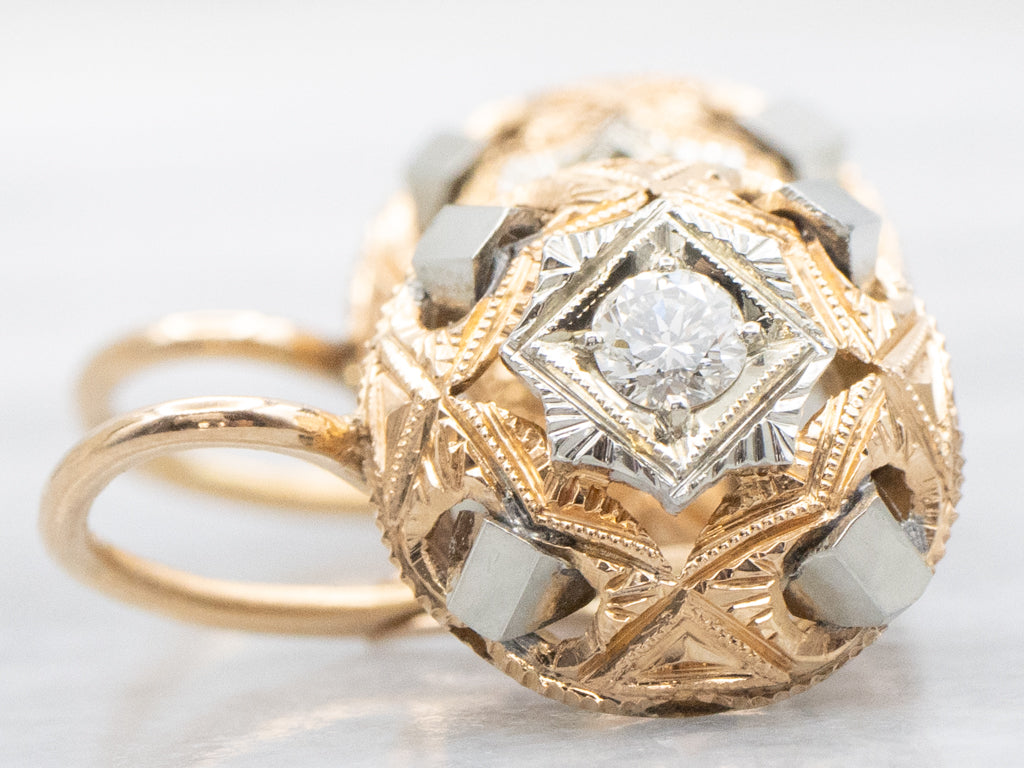 Antique Two-Tone Gold Diamond Drop Earrings with Etchings