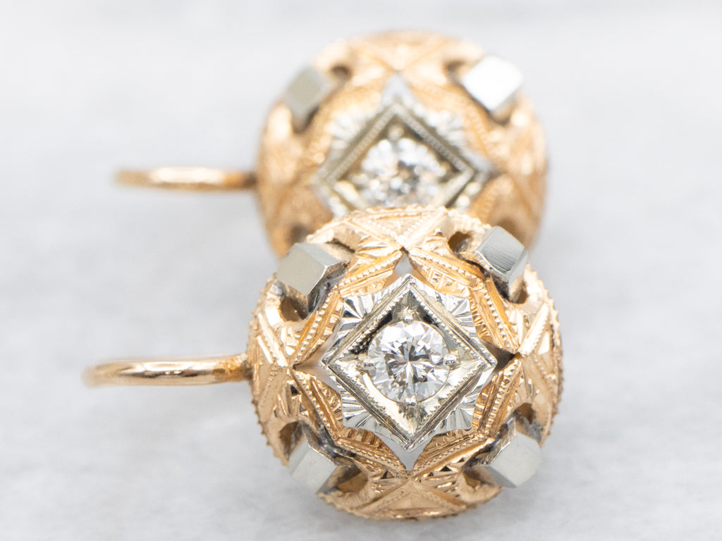Antique Two-Tone Gold Diamond Drop Earrings with Etchings