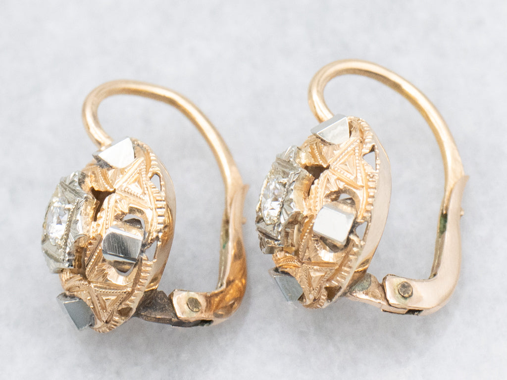 Antique Two-Tone Gold Diamond Drop Earrings with Etchings