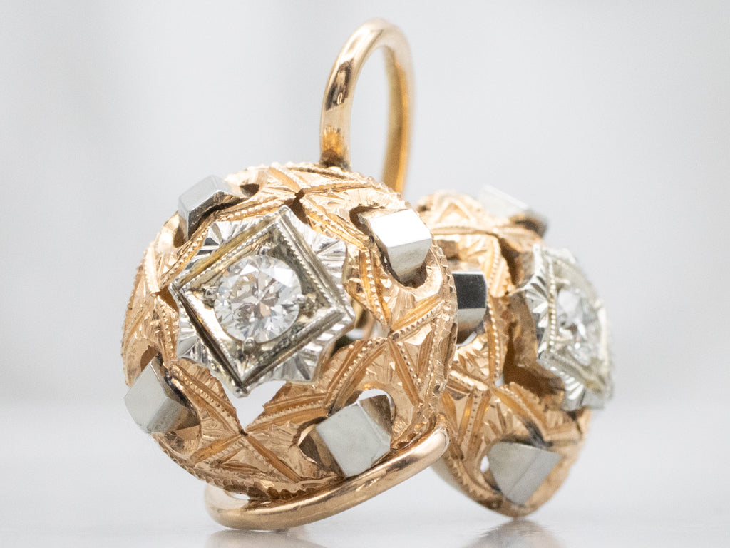 Antique Two-Tone Gold Diamond Drop Earrings with Etchings