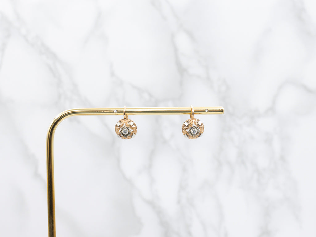 Antique Two-Tone Gold Diamond Drop Earrings with Etchings