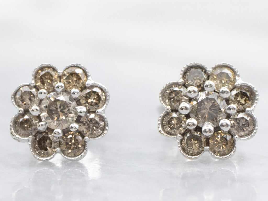 White Gold Champagne Diamond Flower Cluster Stud Earrings