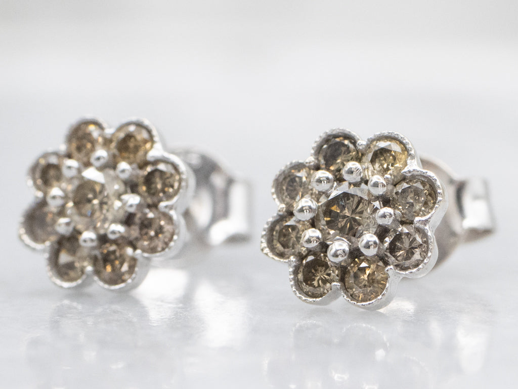 White Gold Champagne Diamond Flower Cluster Stud Earrings