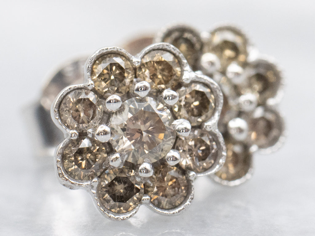White Gold Champagne Diamond Flower Cluster Stud Earrings