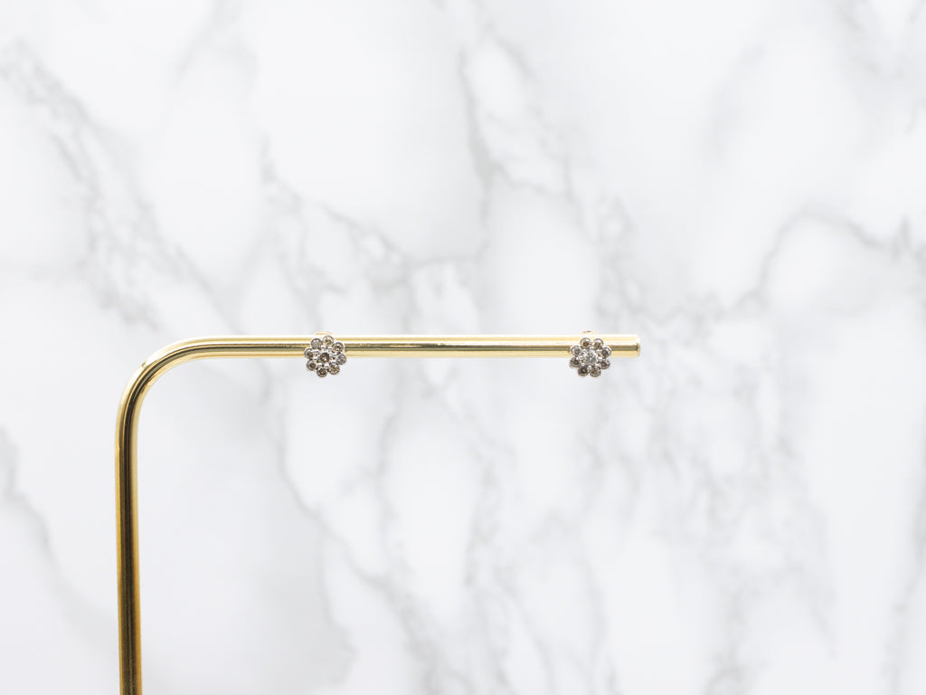 White Gold Champagne Diamond Flower Cluster Stud Earrings