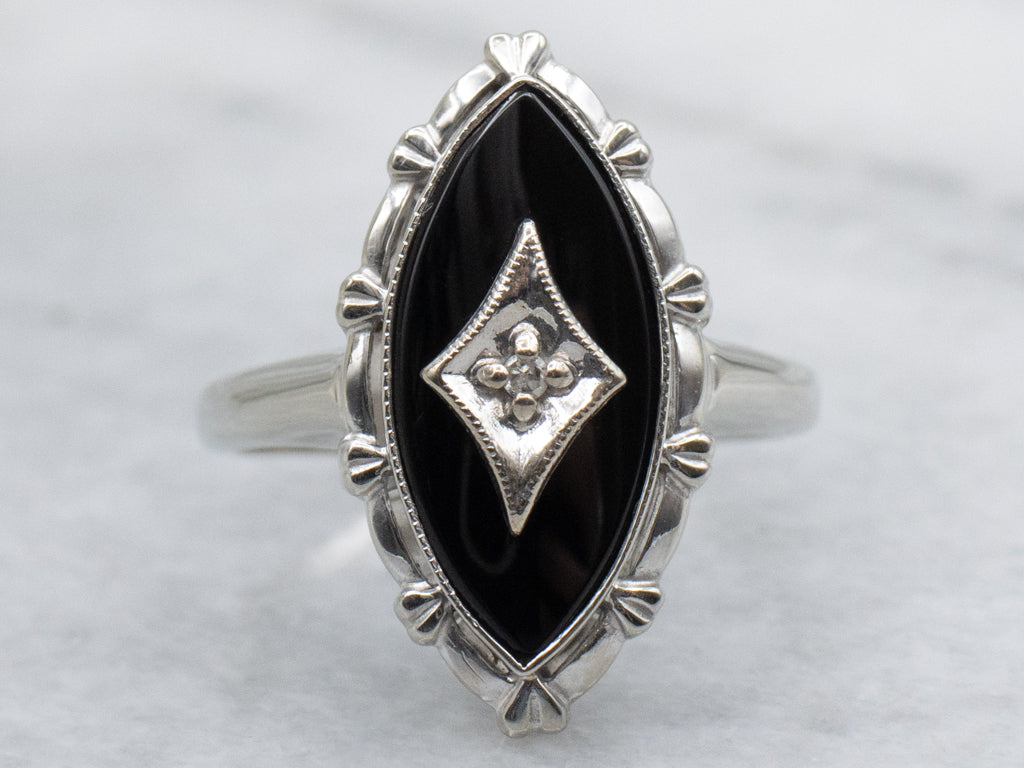 Marquise-Cut Onyx and Diamond Gold Ladies Ring