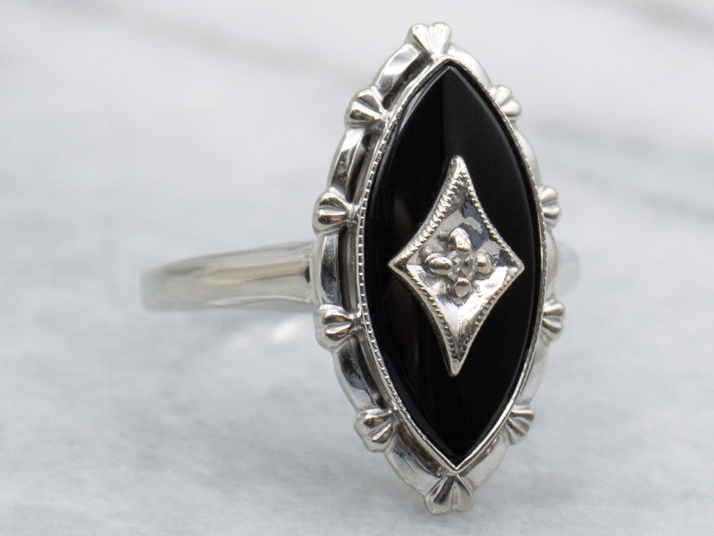 Marquise-Cut Onyx and Diamond Gold Ladies Ring