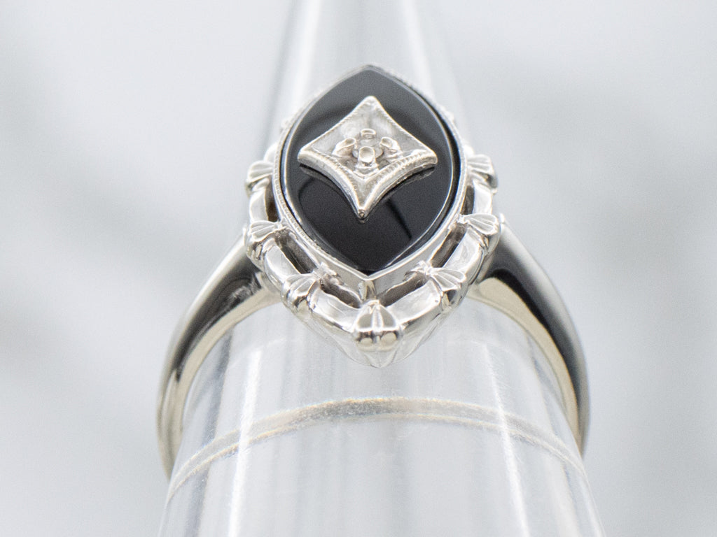 Marquise-Cut Onyx and Diamond Gold Ladies Ring