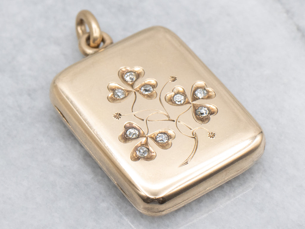 Old Mine Cut Diamond Engraved Lucky Clover Antique Gold Locket