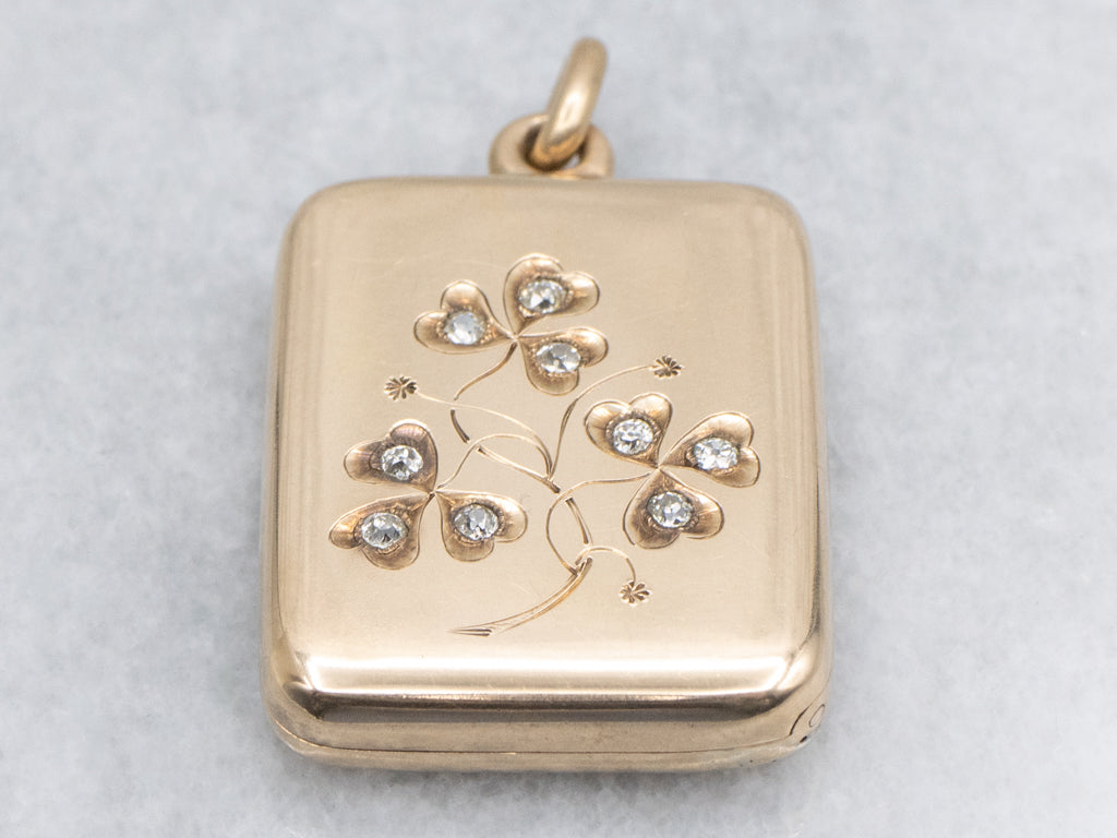 Old Mine Cut Diamond Engraved Lucky Clover Antique Gold Locket