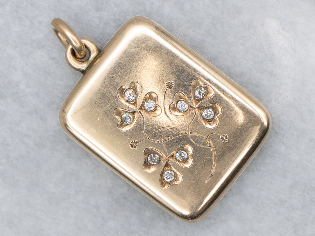 Old Mine Cut Diamond Engraved Lucky Clover Antique Gold Locket