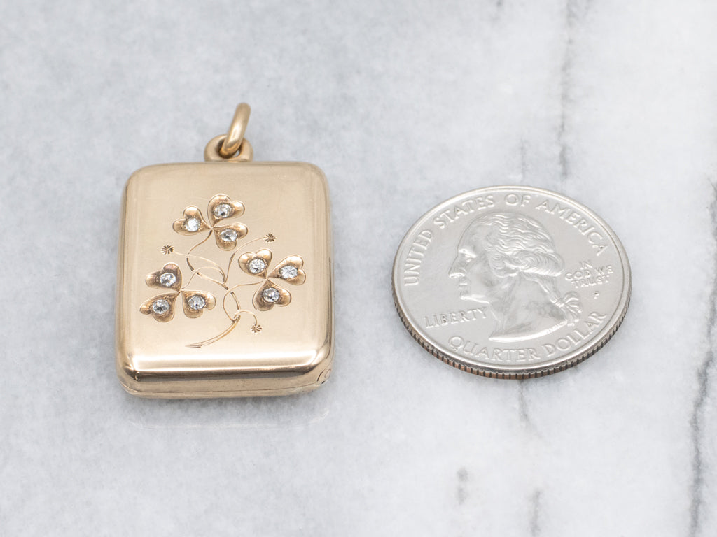 Old Mine Cut Diamond Engraved Lucky Clover Antique Gold Locket