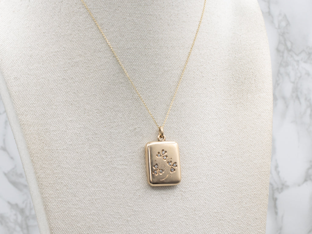 Old Mine Cut Diamond Engraved Lucky Clover Antique Gold Locket