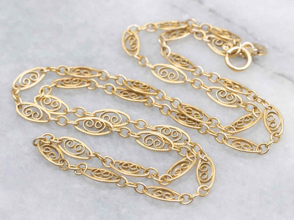 Yellow Gold Oval Filigree Link Chain