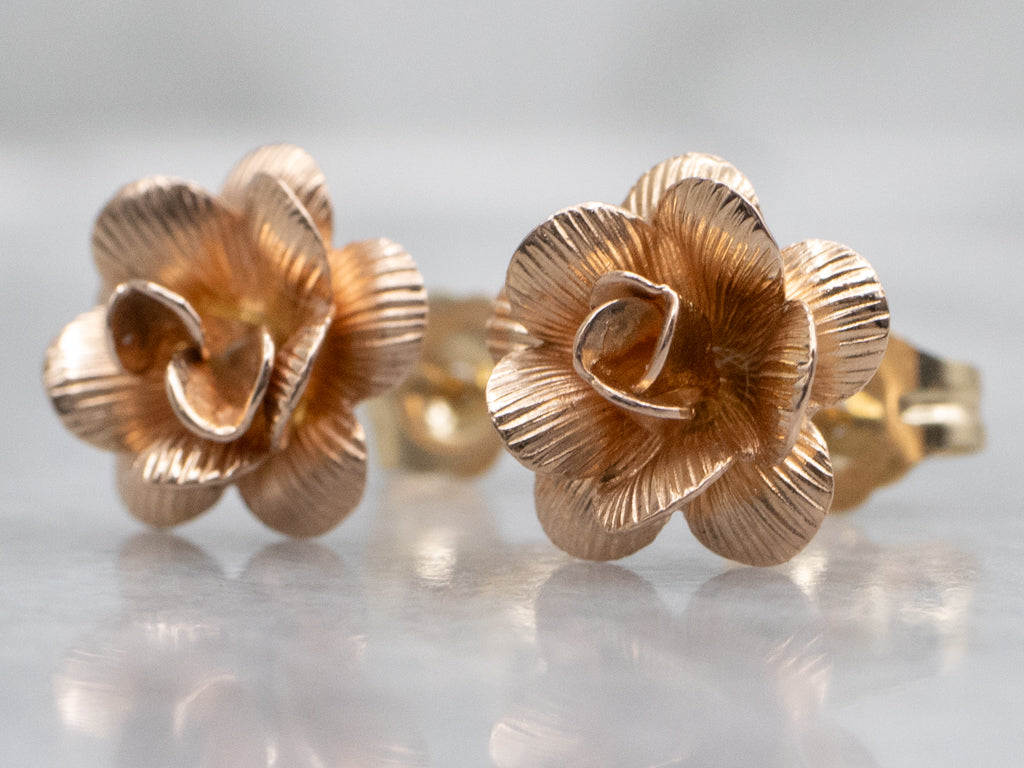 Vintage Gold Rosebud Flower Stud Earrings