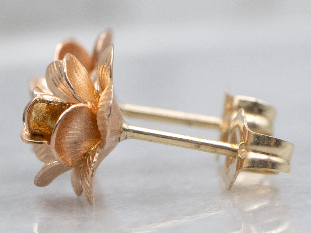 Vintage Gold Rosebud Flower Stud Earrings