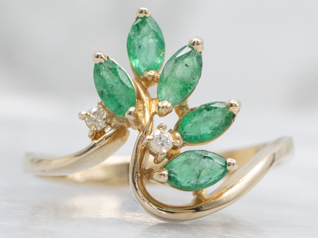 Vintage Marquise-Cut Emerald and Diamond Bypass Ring