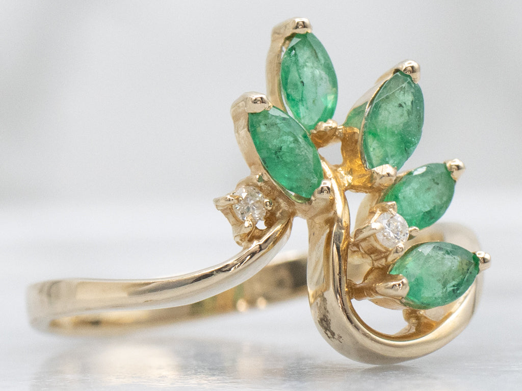 Vintage Marquise-Cut Emerald and Diamond Bypass Ring