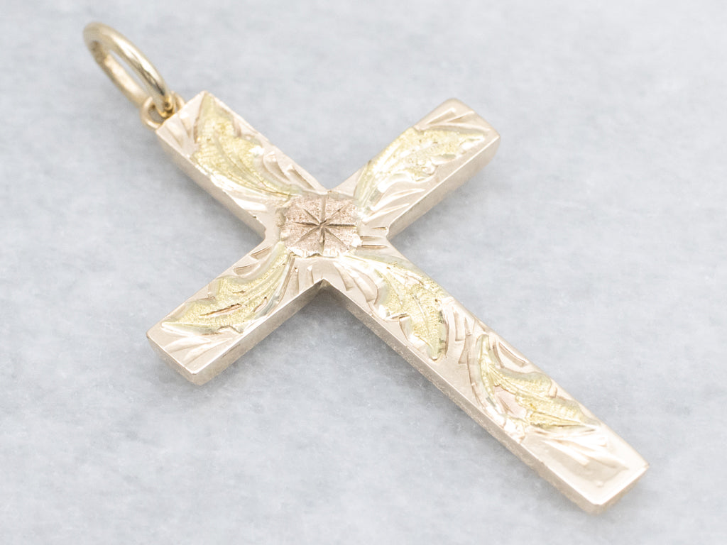 Tri-Color Gold Floral Engraved Cross Pendant