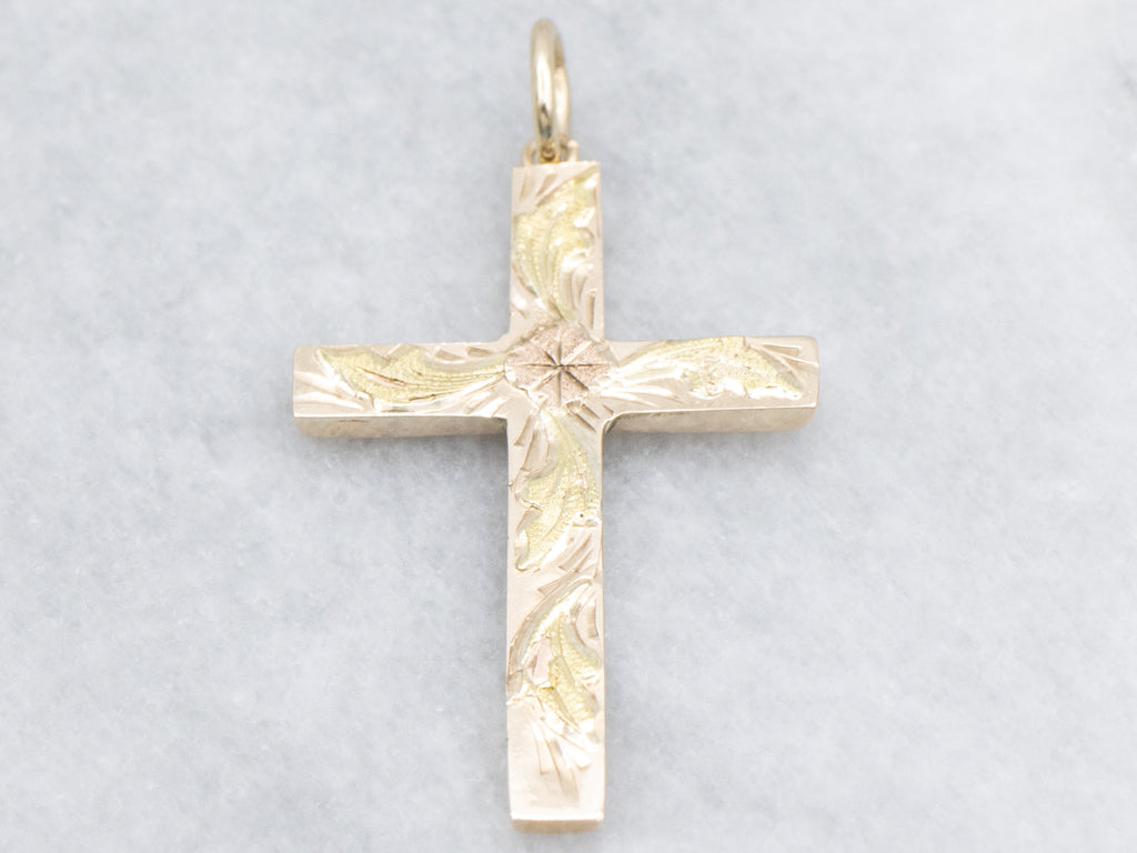 Tri-Color Gold Floral Engraved Cross Pendant