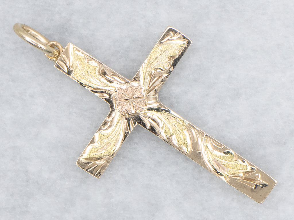 Tri-Color Gold Floral Engraved Cross Pendant