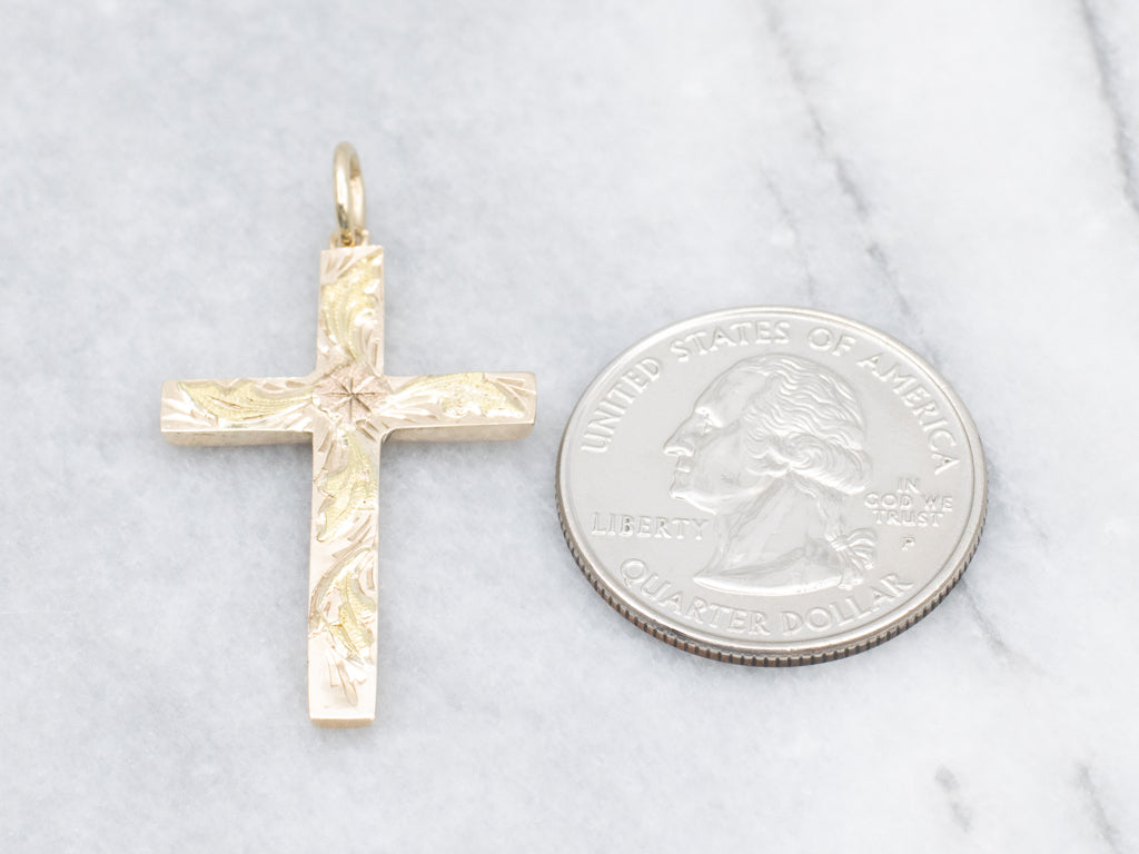 Tri-Color Gold Floral Engraved Cross Pendant