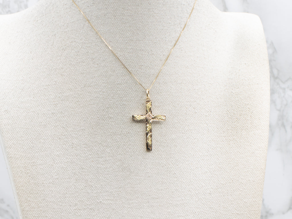 Tri-Color Gold Floral Engraved Cross Pendant