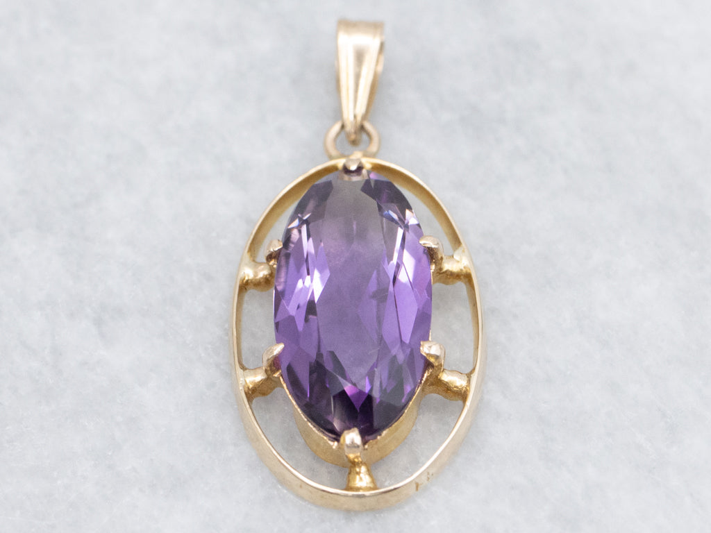 Elongated Vintage Amethyst Yellow Gold Pendant