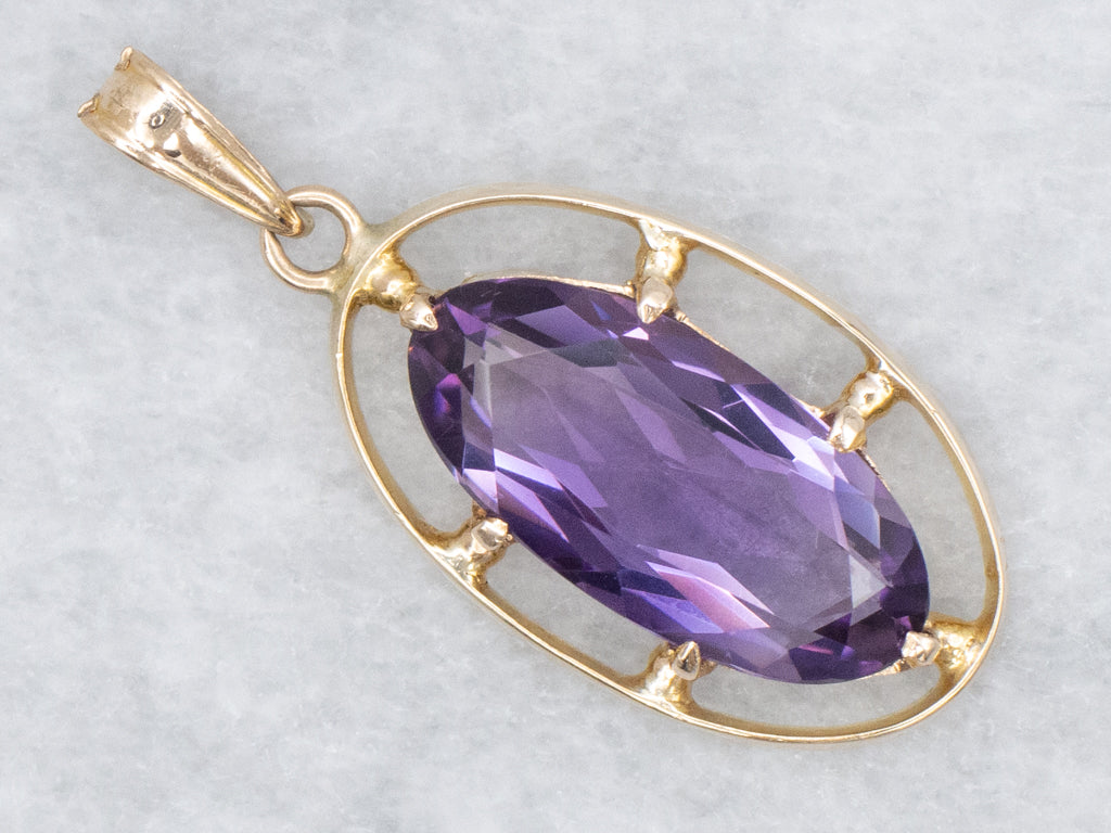 Elongated Vintage Amethyst Yellow Gold Pendant