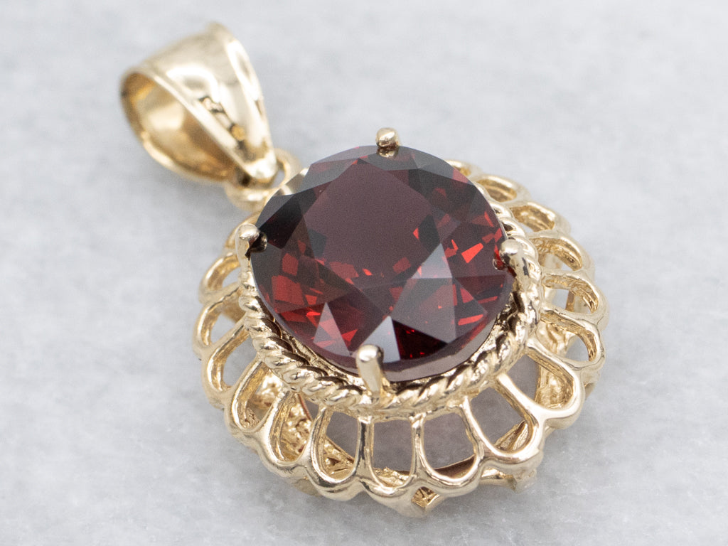 Looping Gold and Garnet Pendant with Rope Twist Details