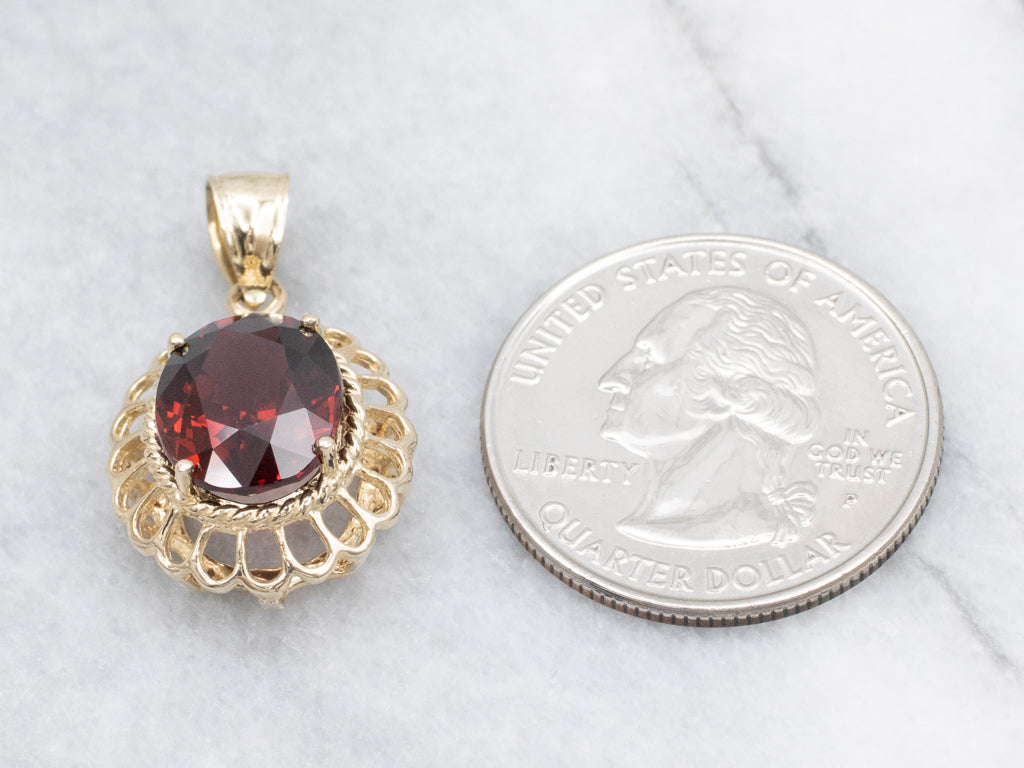 Looping Gold and Garnet Pendant with Rope Twist Details
