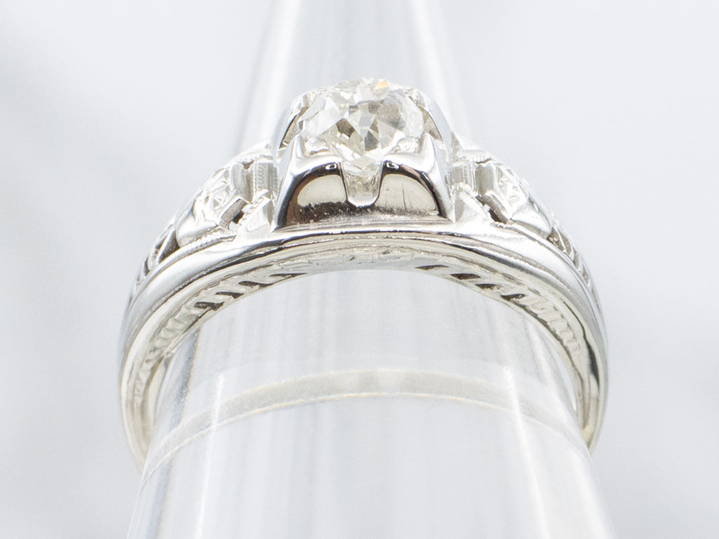 Late Art Deco Old Mine Cut Diamond Engagement Ring
