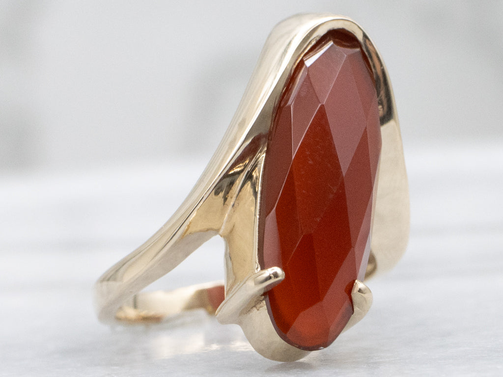 Modernist Faceted Carnelian Yellow Gold Bypass Ring