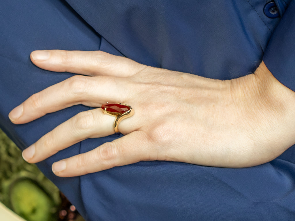 Modernist Faceted Carnelian Yellow Gold Bypass Ring
