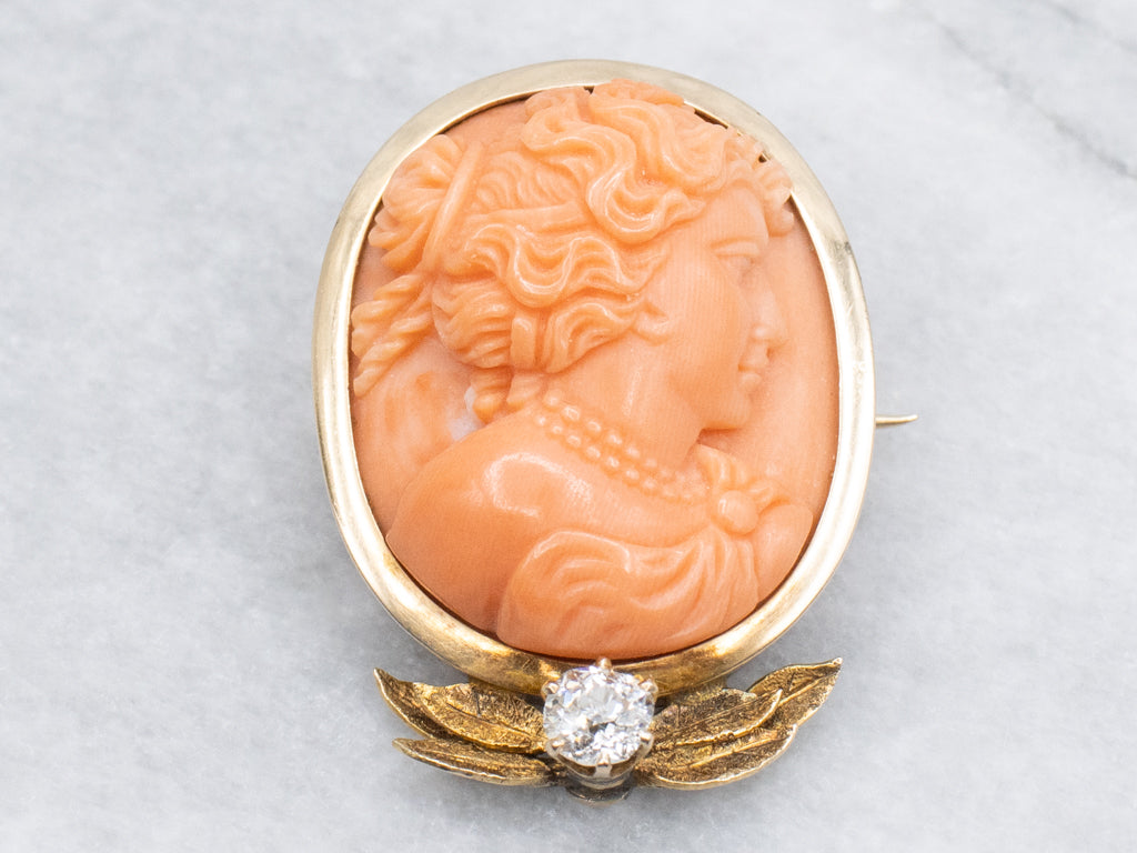 Stunning Antique Carved Coral and Old Mine Cut Diamond Cameo Brooch