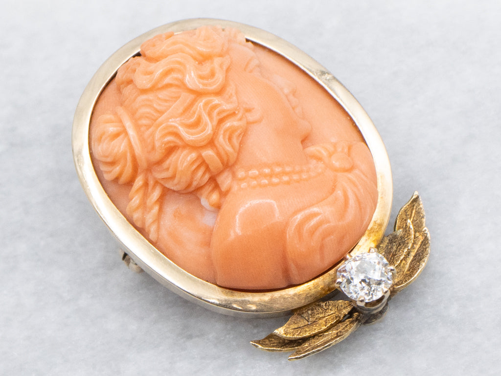 Stunning Antique Carved Coral and Old Mine Cut Diamond Cameo Brooch