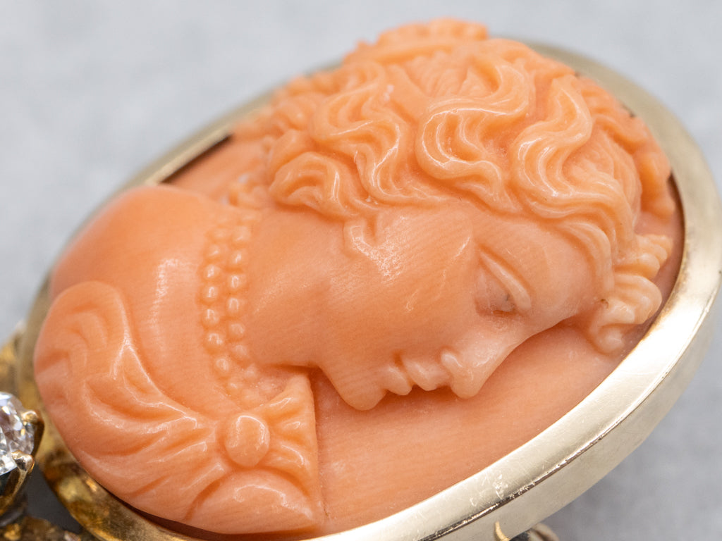 Stunning Antique Carved Coral and Old Mine Cut Diamond Cameo Brooch