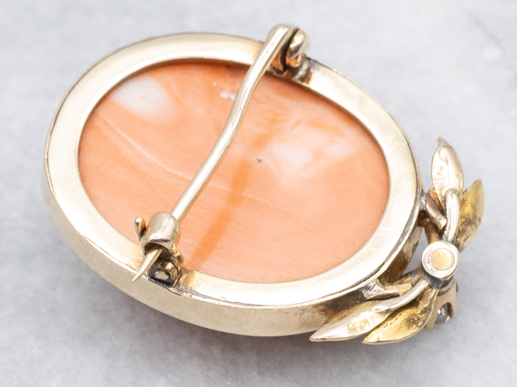 Stunning Antique Carved Coral and Old Mine Cut Diamond Cameo Brooch